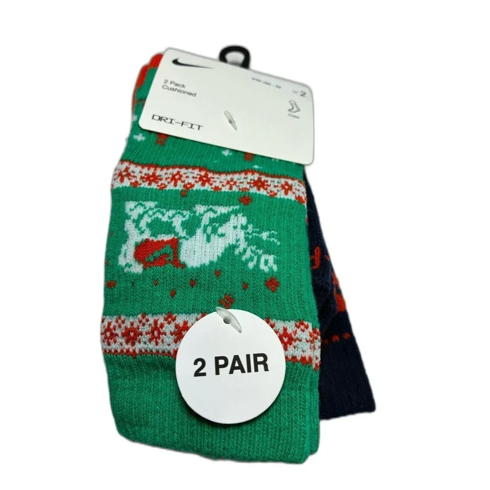 Nike Dri-FIT kids 2-Pack Cushioned Crew Socks - Green & Navy 7-9 yrs New